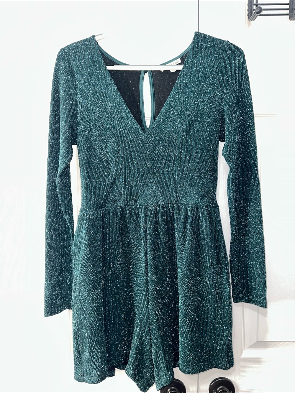 Charlotte Russe Teal Shimmer Long Sleeve Romper with shorts liner